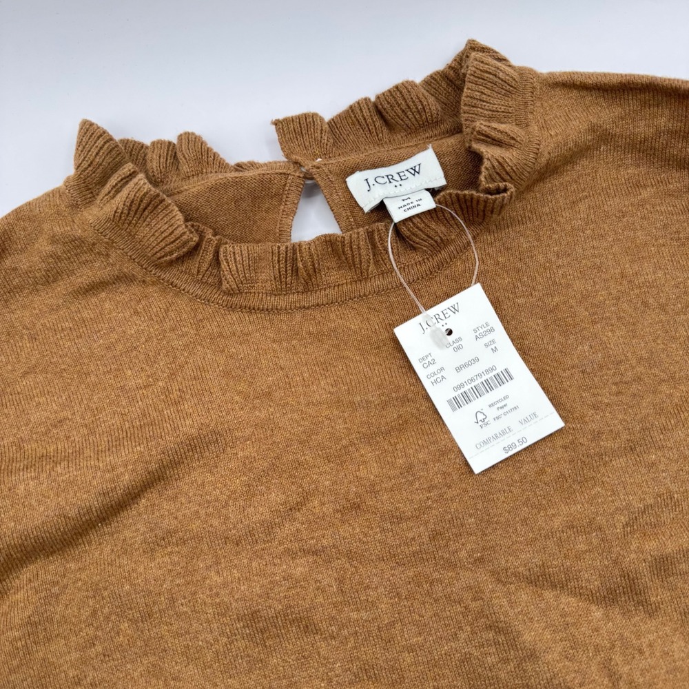 J.Crew Sweater Women's Medium Brown Ruffle Mock Neck Keyhole Back AS298 NEW‎